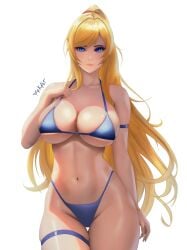 arm_strap bikini blonde_hair blue_bikini blue_eyes breasts closed_mouth collarbone cowboy_shot curvy feikyart female groin high_ponytail highleg highleg_swimsuit highres large_breasts long_hair looking_at_viewer metroid navel ponytail samus_aran signature simple_background skindentation solo stomach swimsuit thigh_gap thigh_strap very_long_hair white_background