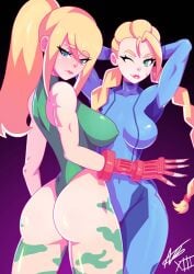 2girls ass blonde_hair blue_eyes blush bodysuit cammy_white cammy_white_(cosplay) capcom cosplay costume_switch crossover crossover_cosplay embarrassed female female_only gauntlets gloves leotard metroid nintendo ponytail samus_aran samus_aran_(cosplay) skintight street_fighter thong_leotard twin_braids twintails wink zero_suit zero_suit_samus zero_suit_samus_(cosplay)