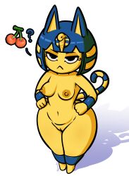 2024 4_fingers absurd_res animal_crossing ankha ankha_(animal_crossing) anthro areola ass bangs big_butt black_eyebrows black_eyes blonde_hair blue_body blue_ears blue_fur blue_hair blue_tail bob_cut breasts cherry domestic_cat egyptian eyebrows eyelashes featureless_feet feet felid feline felis female female_anthro fingers food front_view frown fruit fur genitals hair half-closed_eyes hands_on_hips hi_res high-angle_view mammal markings medium_breasts mouth_closed multicolored_body multicolored_fur multicolored_hair narrowed_eyes navel nintendo nipples noseless nude nude_anthro nude_female plant prick_ears pussy question_mark ring_(marking) ringed_tail shadow signature simple_background solo standing striped_markings striped_tail stripes tail tail_markings thick_thighs two_tone_body two_tone_fur two_tone_hair two_tone_tail white_background wide_hips yellow_areola yellow_body yellow_fur yellow_inner_ear yellow_nipples yellow_pussy yellow_tail yenvudu