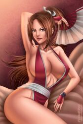 1girls armpits artist_logo breasts brown_eyes brown_hair clothing_request curvaceous curvy_female fatal_fury female female_focus female_only flowerxl folding_fan huge_breasts japanese king_of_fighters kunoichi light-skinned_female long_hair mai_shiranui nipple_bulge ponytail sideboob snk solo thick_thighs video_game_character