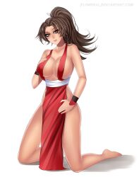 1girls barefoot breasts brown_eyes brown_hair deviantart_url fatal_fury female female_only flowerxl front_view hand_on_breast hand_on_pussy huge_breasts human japanese king_of_fighters kneeling long_hair looking_at_viewer mai_shiranui pale-skinned_female ponytail seductive_smile sideboob simple_background snk solo video_game_character white_background