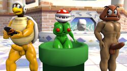 1girls 2boys 3d anthro areola armor balls breasts erection female flora_fauna goomba hammer hammer_bros. kabalmystic koopa male mario_(series) multiple_boys nintendo nipples outdoors penis piranha_plant plant scalie shell standing super_mario_bros. super_mario_sunshine synjodeonecros tools warp_pipe