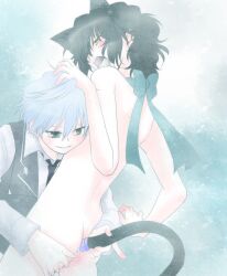 2boys anal anal_insertion anal_juice black_hair blush buttplug buttplug_tail cat_tail catboy clothed_male_nude_male femboy gay gilbert_nightray girly male male_only neck_ribbon nude open_mouth oz_vessalius pale-skinned_male pale_skin pandora_hearts smile tears twink white_hair yaoi