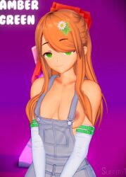 1girls amber_green_(slipperyt) exposed_breasts farmgirl flower flower_in_hair ginger ginger_hair gloves green_eyes long_hair looking_at_viewer minecraft overalls red_hair standing