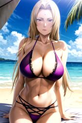 1girls abs accurate_art_style ai_generated arm_support beach big_breasts bikini bikini_bottom bikini_top blonde_hair blue_sky breasts_bigger_than_head brown_eyes cleavage collarbone day facial_mark facing_viewer female female_focus female_only forehead_mark front_view huge_breasts large_breasts light-skinned_female light_skin lipstick long_hair looking_at_viewer makeup mature mature_female mature_woman milf nai_diffusion naruto naruto_(series) naruto_shippuden oppai outdoors revealing_swimsuit rindo sagging_breasts sand sea seaside shiny shiny_hair shiny_skin sitting skimpy skimpy_bikini stable_diffusion sunlight swimsuit toned toned_female tsunade very_long_hair voluptuous voluptuous_female water