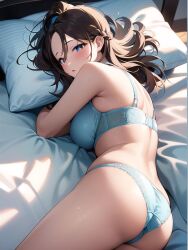 1girls ai_generated ai_mirror back_view bed bedroom blue_bra blue_eyes blue_panties blue_underwear blush braided_hair brown_hair long_hair looking_back_at_viewer lying_on_bed medium_breasts pillow small_ass topknot white_skin