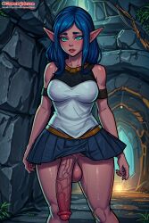 ai_generated aqua_eyes big_penis blue_hair blush dungeon elf elf_ears elf_futanari flaccid flaccid_penis futa_only futanari gamarjobson no_panties penis skirt testicles