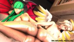 2girls 3d crossover darkstalkers duo female female_only green_hair human mercy morrigan_aensland mr_safety multiple_girls oiled overwatch small_breasts succubus wings