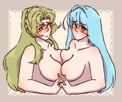 2girls blue_hair blush breasts commission elincia_ridell_crimea female female_only fire_emblem fire_emblem:_path_of_radiance fire_emblem:_the_blazing_blade green_hair holding_hands long_hair looking_at_viewer ninian_(fire_emblem) pinkblackcard symmetrical_docking yuri