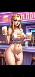 blonde_hair cleavage cum_in_container cup drinking_cum food food_play futanari hooters hooters_uniform princess_zelda