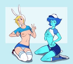 2girls adventure_time animal_hood baseball_cap baseball_uniform black_eyes blonde_hair blue_hair blue_skin blue_skirt breasts bunny_ears crossover fionna_the_human_girl gem_(species) hat izra kneeling lapis_lazuli_(bob) lapis_lazuli_(gem) lapis_lazuli_(steven_universe) multiple_girls navel nipples no_bra open_fly shirt_lift short_hair shorts skirt smile socks sportswear steven_universe striped striped_panties thighhighs underwear upskirt wariza white_legwear