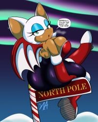 1girls armwear ass aurora_borealis bare_shoulders bat big_breasts christmas christmas_outfit cleavage eyelashes heels mascara mobian_(species) rouge_the_bat safe sega sideboob sitting snow someth1ngoranother sonic_(series) sonic_adventure_2 sonic_the_hedgehog_(series) text wallpaper wings