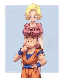 1boy 1girls android_18 bald big_breasts blonde_hair blue_eyes blush breasts breasts_on_head canon_couple couple dragon_ball female ftw_arts happy height_difference hmm husband_and_wife in_love krillin kuririn muscular muscular_male short_hair smile tagme thick_thighs thighs thinking