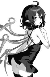 ahoge ass asymmetrical_wings breasts bright_pupils commentary dress female greyscale houjuu_nue looking_at_viewer microdress monochrome nue_houjuu onkn_sxkn open_mouth pointy_ears short_hair solo thighhighs touhou wings