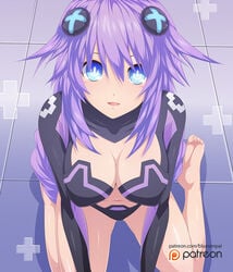 +_+ bare_legs barefoot belly blue-senpai blue_eyes blush bodysuit braid breasts cleavage cleavage_cutout d-pad_hair_ornament feet female flipped_hair from_above glistening_hair hair_between_eyes hair_ornament hairclip happy huge_breasts impossible_clothes large_breasts legs long_hair looking_at_viewer neptune_(neptunia) neptunia_(series) open_mouth patreon patreon_logo patreon_username pixiv power_symbol power_symbol-shaped_pupils purple_hair purple_heart_(neptunia) round_eyes shiny shiny_hair shiny_skin sitting sitting_on_floor skin_tight smile soles solo symbol-shaped_pupils tareme tied_hair toes twin_braids url very_long_hair