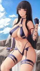 1girls alternate_costume arm_support artist_signature bangs bare_shoulders big_breasts bikini black_hair blue_sky blunt_bangs blush bra breasts choker cleavage cloud curvaceous curvy curvy_figure dead_or_alive dead_or_alive_xtreme_beach_volleyball double_v eye_contact eyebrows_visible_through_hair eyelashes female female_only fingerless_gloves fishnets garter_straps gloves highleg highleg_bikini hourglass_figure lingerie long_hair looking_at_viewer midriff mole mole_under_mouth navel nyotengu o-ring o-ring_top off_shoulder outdoors parted_lips pose posing purple_eyes revealing_clothes sidelocks sitting sky solo solo_female stockings swimsuit tecmo thick thick_thighs thighs thin_waist underboob v voluptuous wide_eyed wide_hips zaphn