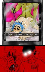 2d_(gorillaz) 3boys ace_copular anal angry angry_face ass_up bedroom biting_lip black_eyes blue_hair cuckold cuckolding cum front_view gay gorillaz green_skin gripping_sheets leash leash_pull legs_spread messy_hair murdoc_niccals prisoner sweat taking_picture texting