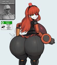 1girls 2d ass_focus big_ass big_breasts engineer_(team_fortress_2) engineer_gaming female female_only huge_ass huge_breasts meme mimi_sentry monkechrome muscular no_underwear red_hair robot robot_girl sentry_(team_fortress_2) sentry_turret simple_background team_fortress_2 text tf2 underass valve valve_(company)