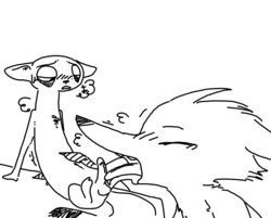 anthro black_and_white canine charlie_(weaver) closed_eyes disney duo ermine female fox fur male mammal marty_(weaver) monochrome mustelid oral pack_street penis simple_background sitting size_difference story story_in_description testicles the_weaver tongue tongue_out zootopia