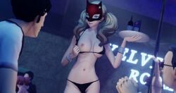 1girls 2boys 3d ann_takamaki bikini blonde_hair blue_eyes breasts_exposed clothing glasses happy mask partially_nude persona persona_5 posing posing_for_the_viewer rbf7 sensual small_breasts suguru_kamoshida swimsuit