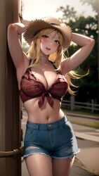 1girls ai_generated ai_mirror armpits arms_up belly_button blonde_hair blue_eyes blush dirt_path hands_behind_head jean_shorts light_skin long_hair looking_at_viewer medium_breasts open_mouth red_topwear ripped_jeans smile straw_hat tied_top tree wooden_fence wooden_post