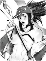 abs akali_jhomen_tethi breasts breasts_out double_daggers female female_focus female_only k/da_akali k/da_series league_of_legends looking_at_viewer nipples shirt shirt_up showing_breasts solo solo_female solo_focus