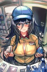 1girls 1other ambiguous_gender anger big_breasts black_hair blue_eyes blush clothing condom cosmetics dgrp durex female female_only hat long_hair nervous nervous_female nivea_(cosmetic_product) product shirt tangled_hair watching