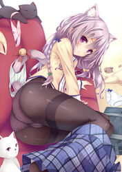 animal_ears ass blouse blush bow braid cameltoe cat_bell cat_ears catgirl clothed clothing couch cute dat_ass embarrassed feline female hairbow long_hair looking_at_viewer nekomimi on_side original panties pantyhose plaid_skirt polka_dot polka_dot_panties purple_eyes purple_hair ryo shy skirt skirt_down small_breasts tail tied_hair underwear