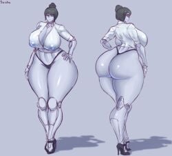 absurd_res areola ass big_breasts big_butt biped breasts clothing female hair hi_res humanoid machine mature_female not_furry robot robot_humanoid saidra shadow simple_background solo thick_thighs thong underwear wide_hips