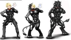 2015 abs alabuster anthro biceps blonde_hair bound encasement erection exclamation_point felid forced forced_transformation genitals hair hi_res human human_to_anthro lion male male_only mammal muscular muscular_anthro muscular_male pantherine pecs penile_spines penis simple_background solo species_transformation struggling transformation tugging white_background