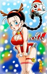 1girls absurdres ass black_hair blue_eyes braid braided_ponytail breasts christmas christmas_outfit cleavage cleavage_cutout clothing_cutout covered_erect_nipples cutout dragon_ball dragon_ball_gt dress dress_tug embarrassed english_text female female_focus giru_(dragon_ball) heart_cutout highres japanese_text long_hair medium_breasts milf minidress open_mouth panties ponytail revealing_clothes text_focus translation_request underwear videl videl_(gt_saga) yamamoto_doujin