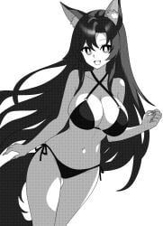 animal_ears bare_arms bare_legs bare_shoulders bikini breasts cleavage collarbone commentary criss-cross_halter female fingernails greyscale groin halterneck imaizumi_kagerou kagerou_imaizumi large_breasts long_fingernails long_hair monochrome navel oerba_yun_fang onkn_sxkn open_mouth sharp_fingernails side-tie_bikini_bottom simple_background smile solo string_bikini swimsuit tail thigh_gap touhou white_background wolf_ears wolf_tail