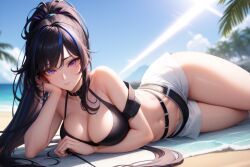 ai_generated beach big_breasts black_hair cute_face laying_down nanami_nagi original original_character purple_eyes purple_streak shorts towl