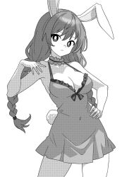 animal_ears bad_anatomy bad_arm breasts cleavage closed_mouth collarbone covered_navel cowboy_shot female greyscale hair_between_eyes hand_on_own_hip long_hair medium_breasts monochrome onkn_sxkn rabbit_ears rabbit_tail seiran_(touhou) simple_background solo tail touhou white_background