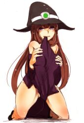 at2. bare_legs brown_hair hand_on_breast kneeling long_hair minecraft mob_talker purple_eyes thick_thighs thighs witch_(minecraft) witch_hat