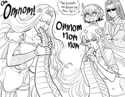 4girls absurdres anger_vein angry bb_(baalbuddy) biting breasts chewing collared_shirt comic crossover english_text fate/grand_order fate_(series) formal fujimaru_ritsuka_(female) gorgon_(fate) greyscale hair_ornament hairclip highres holding_another's_tail huge_breasts lamia large_breasts long_hair medusa_(fate) miia_(monster_musume) monochrome monster_girl monster_musume_no_iru_nichijou ms._smith multiple_girls navel necktie oerba_yun_fang pointy_ears riyo_(lyomsnpmp)_(style) scales shirt sound_effects stomach suit sunglasses tail tail_biting tied_shirt very_long_hair