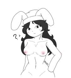 artist_signature beanie black_and_white black_eyes black_hair breasts breasts_out bunny_ears exposed_breasts exposed_nipples hat nipples perky_breasts perky_nipples pink_nipples roblox roblox_avatar robloxian shaospicy small_breasts text text_bubble white_background