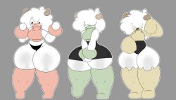 big_breasts big_thighs black_clothing bovine bumbleart_bee fluffy_hair green green_clothing grey_background hair_covering_eyes horn horns oc original_character red_clothing thick_thighs white_body white_hair yellow yellow_clothing