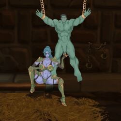 1male alliance_(warcraft) alliance_dominance armor big_breasts bikini_armor blue_body blue_hair blue_skin breasts catias chained chained_up chained_wrists dominant_female elf elf_female eye_patch femdom large_breasts legs_apart legs_spread night_elf night_elf_female nude nude_male orc orc_(warcraft) orc_male ponytail prison prisoner seated tattoo touching_penis world_of_warcraft zettonsfw