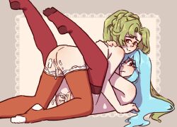 2girls after_sex blue_hair commission cum cum_drip cum_inside elincia_ridell_crimea embarrassed female female_only fire_emblem fire_emblem:_path_of_radiance fire_emblem:_the_blazing_blade green_hair legwear long_hair looking_at_viewer multiple_girls ninian_(fire_emblem) pinkblackcard presenting presenting_hindquarters presenting_pussy topless yuri