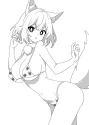 animal_ear_fluff animal_ears ass bare_arms bare_shoulders breasts cleavage cowboy_shot female greyscale groin inubashiri_momiji large_breasts looking_at_viewer momiji_inubashiri monochrome navel onkn_sxkn open_mouth pom_pom_(clothes) short_hair simple_background solo tail touhou white_background wolf_ears wolf_tail