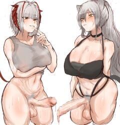 2futas animal_ears arknights balls bangs big_breasts big_penis bottomless breasts cat_ears catgirl censored clothed clothing duo erection futa_only futanari grey_hair horns humanoid kemonomimi light-skinned_futanari light_skin long_hair masso_nullbuilt mosaic_censoring mostly_nude penis schwarz_(arknights) standing w_(arknights)