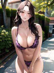 1girls ai_generated ai_mirror arms_in_front belly_button big_breasts blush brown_eyes brown_hair bush dotted_bikini fence house long_hair looking_at_viewer purple_bra purple_panties purple_underwear sign tree wall white_skin