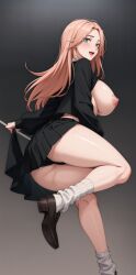 ai_generated breasts_out huge_ass huge_breasts jumping long_hair nipples on_side orange_hair panties school_uniform tokyo_revengers upskirt yuzuha_shiba