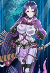 absurdres arm_guards armor black_gloves blush bodysuit breast_lift breasts commentary_request covered_navel cowboy_shot deep_skin fate/grand_order fate_(series) female fingerless_gloves gloves highres japanese_armor katana kote large_breasts long_hair looking_at_viewer low-tied_long_hair minamoto_no_raikou_(fate) night parted_bangs purple_bodysuit purple_eyes purple_hair quiver ribbed_sleeves rope smile solo suneate sword very_long_hair weapon youshuu