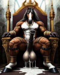 ai_generated equid equine equine_genitalia horse horse_penis horsecock huge_balls huge_cock lonely_man monster_cock muscular muscular_anthro original solo_male striped_body stripes throne throne_room