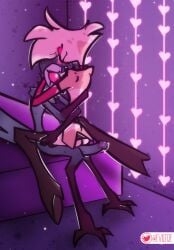 angel_dust_(hazbin_hotel) anthro ass bed big_penis clothed clothing crossover demon demon_boy dilf embarrassed eviltqf femboy femboy_on_femboy femboydom femboysub furry gay hazbin_hotel heart helluva_boss long_boots long_penis making_out male/male male_only owl owl_demon precum prostitute prostitution red_eyes spider stolas_(helluva_boss) twink