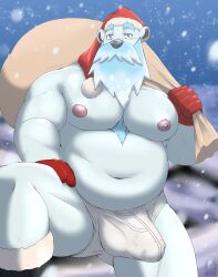 2023 absurd_res anthro barazoku bear beard beartic belly big_bulge big_pecs briefs bulge christmas christmas_clothing christmas_headwear clothed clothing detailed_bulge erection erection_under_clothing facial_hair fur generation_5_pokemon genital_outline hat headgear headwear hi_res holidays looking_at_viewer male male_only mammal musclegut muscular muscular_male nelldemon nintendo nipples pecs penis_outline pokemon pokemon_(species) polar_bear sack santa_claus santa_hat snow solo tenting tighty_whities topless underwear ursine white_body white_briefs white_clothing white_fur white_underwear