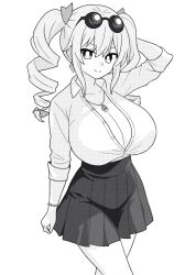 alternate_costume bracelet breasts bright_pupils cleavage closed_mouth collared_shirt commentary drill_hair earrings eyewear_on_head female greyscale hand_in_own_hair high_contrast huge_breasts jewelry jo'on_yorigami long_sleeves looking_at_viewer medium_hair monochrome onkn_sxkn partially_unbuttoned shirt simple_background skirt smile solo sunglasses touhou twin_drills