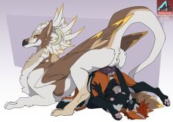 anthro anthro_on_feral anthro_penetrated anvil_position ashley-arctic-fox canid canine cross_fox dragon duo feathered_dragon feathers female feral feral_penetrating feral_penetrating_anthro feral_penetrating_female fox from_front_position larger_male legs_up lying male male/female mammal on_back pawpads penetration red_fox sex simple_background size_difference smaller_female viviana_(lord_salt) zoophilia